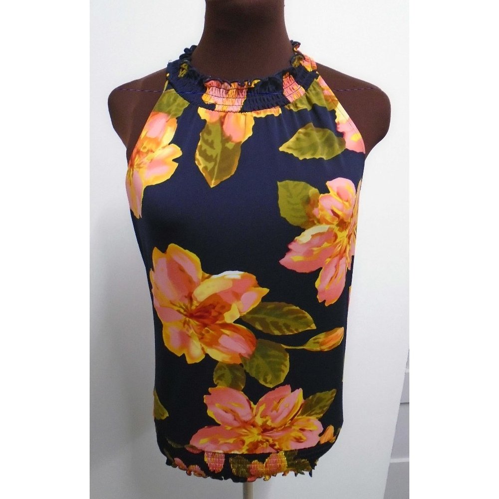 crosby. Navy Floral Halter Tank with Pink and Yellow Blooms